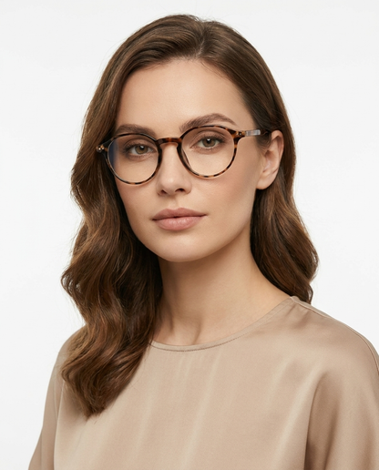 Modelo feminina usando Gafas Amalfi Leopardo