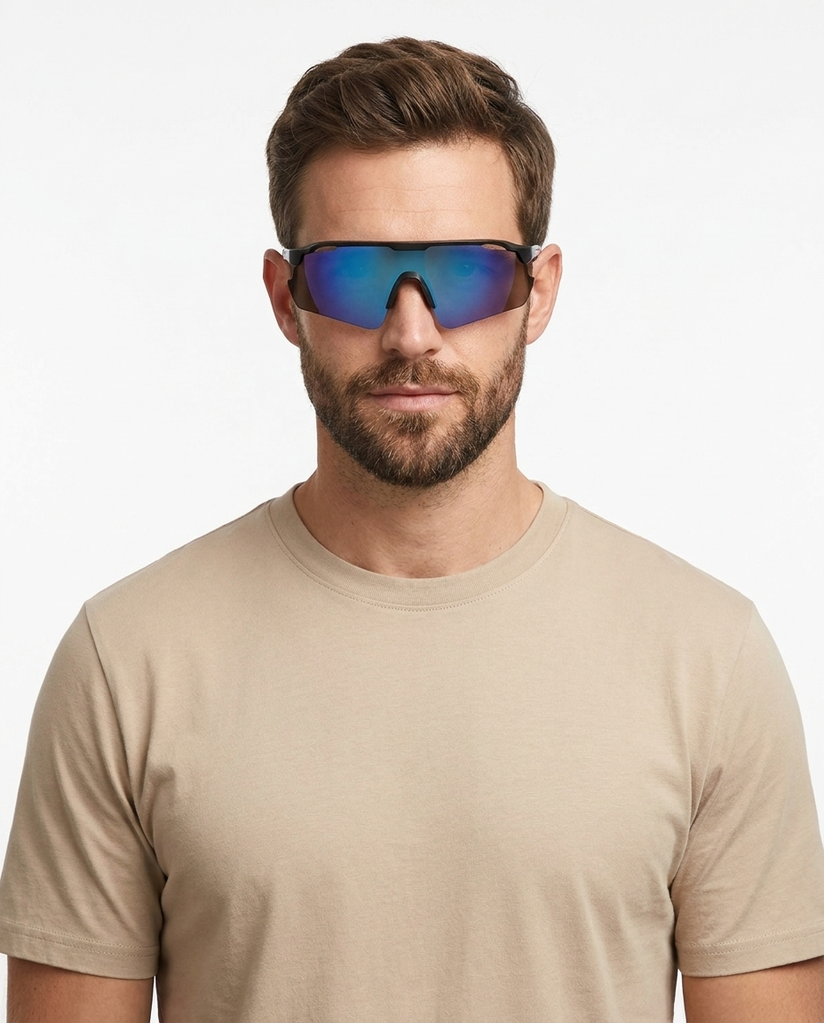 Modelo masculino usando Gafas Axel Deportivas Azul Espejado