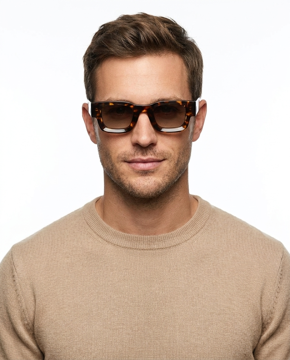 Modelo masculino usando Gafas de Sol Alicia Carey Marron