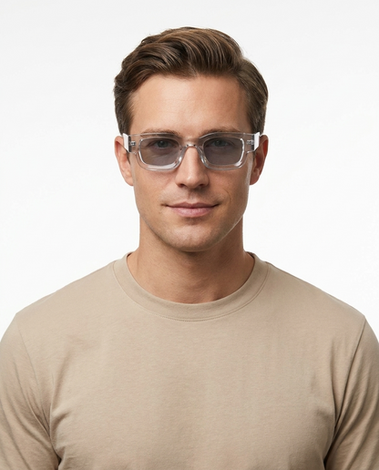 Modelo masculino usando Gafas de Sol Alicia Transparente Gris