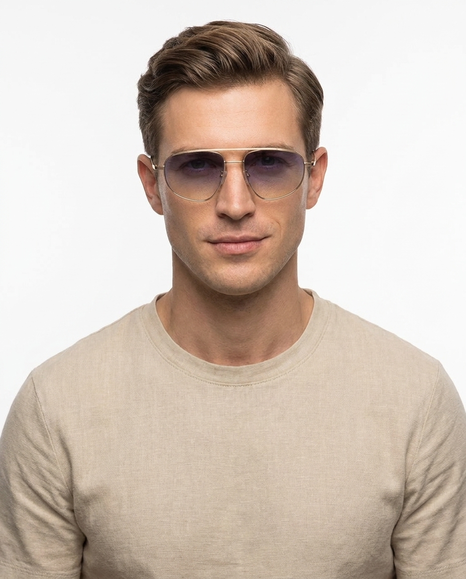 Modelo masculino usando Gafas de Sol Claudia Dorado Azul