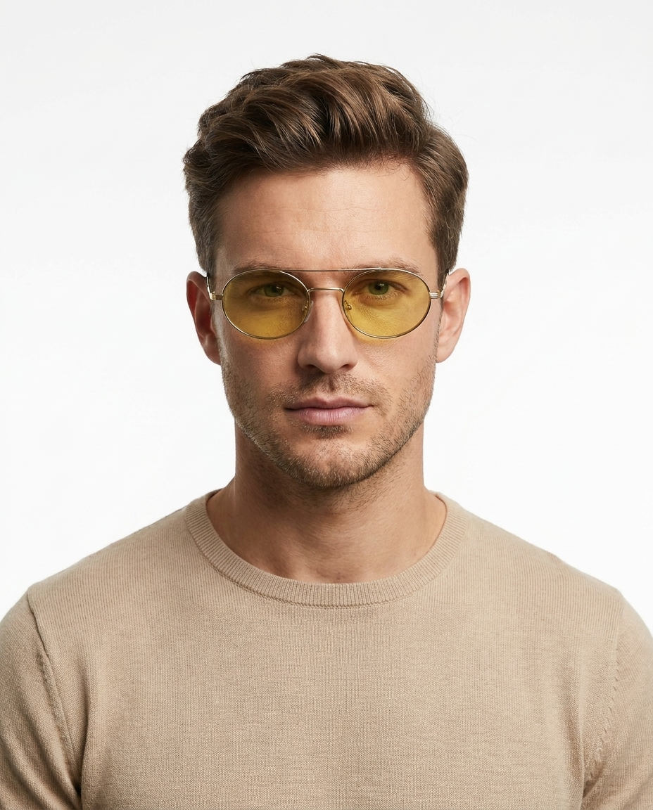 Modelo masculino usando Gafas de Sol Prea Dourado Verde
