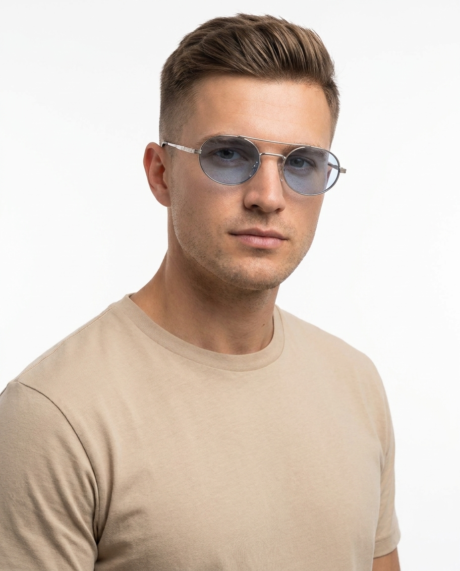 Modelo masculino usando Gafas de Sol Prea Dorado Azul