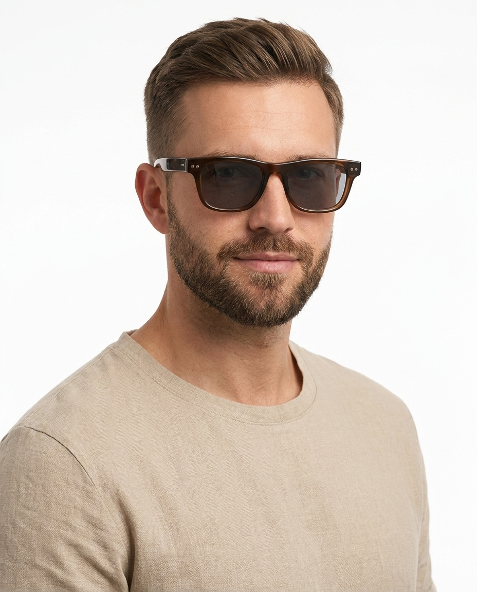 Modelo masculino usando Gafas Leon Marron
