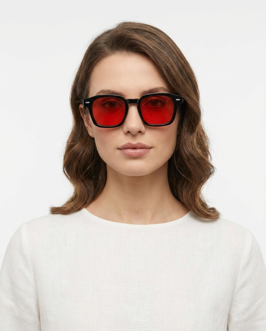 Modelo feminina usando Gafas Luca Rojo