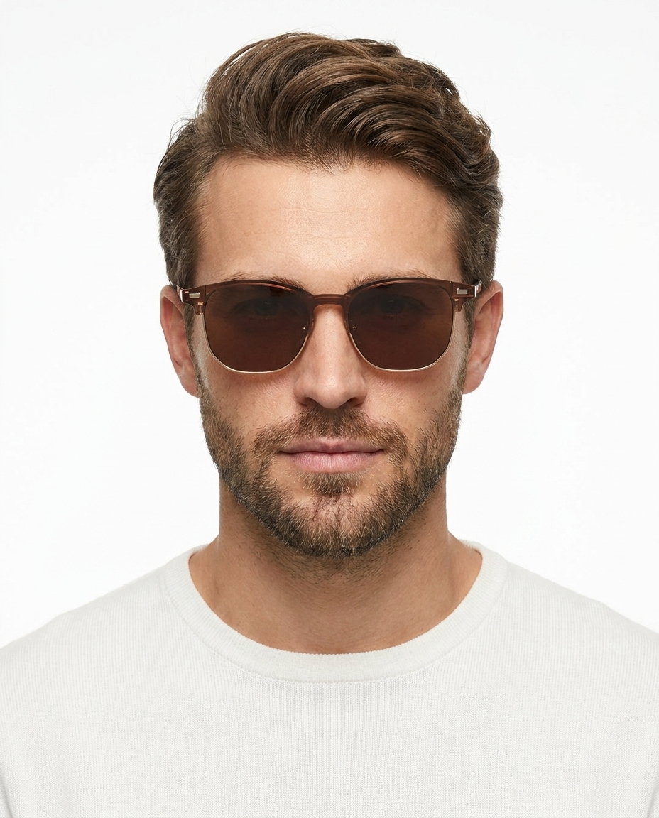 Modelo masculino usando Gafas Nate Dorado con Marron