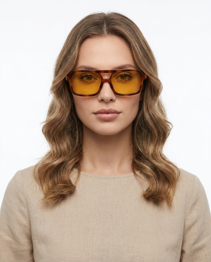 Modelo feminina usando Gafas Neo Naranja